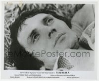 6h885 TEOREMA 8.25x10 still 1969 super close up of Terence Stamp laying in the grass, Pasolini!