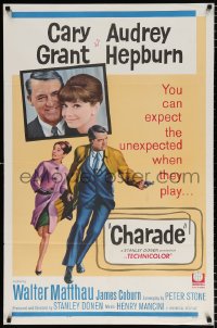 6j194 CHARADE 1sh 1963 art of tough Cary Grant & sexy Audrey Hepburn, expect the unexpected!