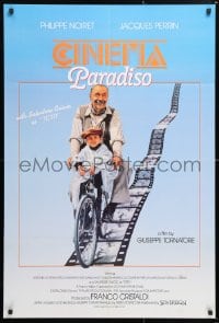 6j202 CINEMA PARADISO int'l 1sh 1990 great image of Philippe Noiret & Salvatore Cascio on bike!