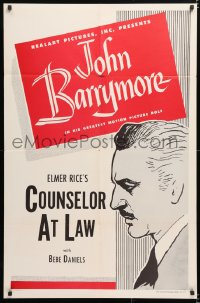 6j228 COUNSELLOR AT LAW 1sh R1953 directed by William Wyler, great John Barrymore profile!