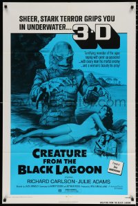 6j231 CREATURE FROM THE BLACK LAGOON 1sh R1972 art of monster attacking sexy Julie Adams, 3-D!
