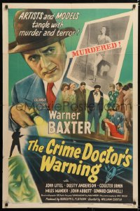 6j235 CRIME DOCTOR'S WARNING 1sh 1945 detective Warner Baxter, artists & models tangle with murder!