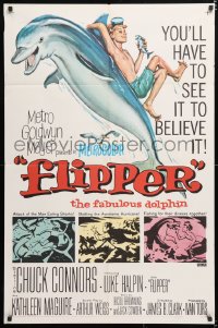 6j328 FLIPPER 1sh 1963 Chuck Connors, Luke Halpin, Reynold Brown art of boy & dolphin!