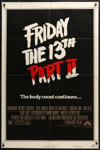 6j355 FRIDAY THE 13th PART II teaser 1sh 1981 slasher horror sequel, body count continues!