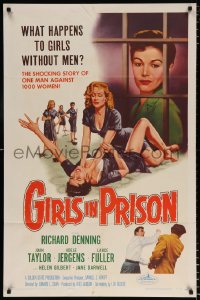 6j382 GIRLS IN PRISON 1sh 1956 classic sexy bad girl cat fight art, girls without men!