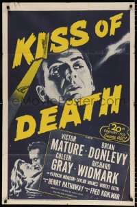 6j485 KISS OF DEATH 1sh R1953 c/u of Victor Mature & kissing Coleen Gray, film noir classic!