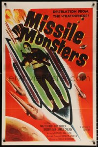 6j587 MISSILE MONSTERS 1sh 1958 aliens bring destruction from the stratosphere, wacky sci-fi art!