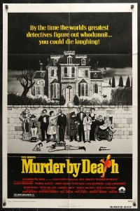 6j609 MURDER BY DEATH 1sh 1976 great Charles Addams art of cast by dead body, yellow title design!