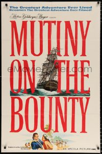 6j613 MUTINY ON THE BOUNTY teaser 1sh 1962 Marlon Brando, cool full-length art of the ship at sea!