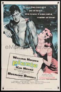 6j682 PICNIC int'l 1sh 1956 great art of barechested William Holden & sexy long-haired Kim Novak!