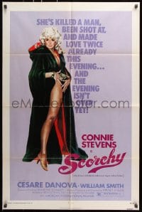 6j771 SCORCHY 1sh 1976 full-length art of sexiest barely-dressed Connie Stevens in black cape!