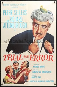 6j914 TRIAL & ERROR 1sh 1963 wacky art of Peter Sellers wearing wig with a bird on his head!