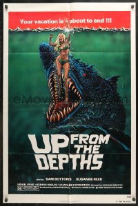 6j926 UP FROM THE DEPTHS 1sh 1979 wild horror artwork of giant killer fish by William Stout!