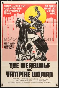 6j955 WEREWOLF VS VAMPIRE WOMAN 1sh 1972 great Kullaway artwork of wolfman attacking sexy girl!