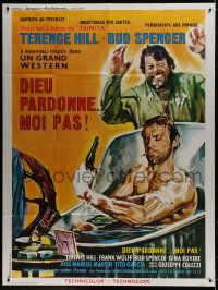 6k678 GOD FORGIVES I DON'T French 1p 1972 art of Terence Hill in bath pointing gun at Bud Spencer!