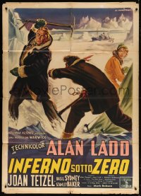 6k350 HELL BELOW ZERO Italian 1p 1954 Capitani art of Alan Ladd fighting with pickaxe!