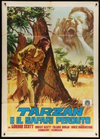 6k461 TARZAN & THE LOST SAFARI Italian 1p R1970s cool Piovano art of Gordon Scott & female hunter!