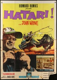 6k194 HATARI Italian 2p 1962 Howard Hawks, cool artwork of John Wayne in Africa by Enzo Nistri!