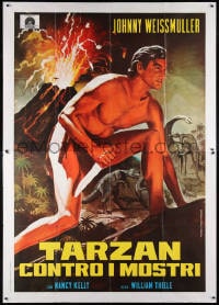 6k263 TARZAN'S DESERT MYSTERY Italian 2p R1970s Piovano art of Weissmuller, dinosaurs & volcano!