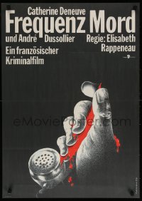 6p293 FREQUENT DEATH East German 23x32 1990 cool art of bloody hand on phone by D. Heidenreich!