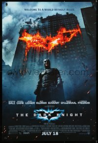 6r593 DARK KNIGHT int'l advance DS 1sh 2008 Christian Bale as Batman in front of burning bat symbol!