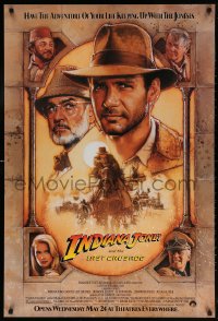 6r712 INDIANA JONES & THE LAST CRUSADE advance 1sh 1989 Ford/Connery over a brown background by Drew