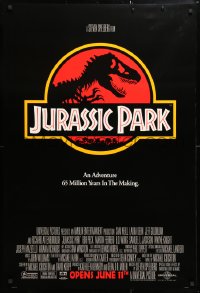 6r729 JURASSIC PARK advance 1sh 1993 Steven Spielberg, classic logo with T-Rex over red background