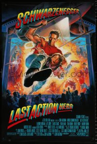 6r741 LAST ACTION HERO 1sh 1993 cool Morgan art of Arnold Schwarzenegger crashing through screen!