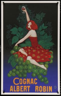 6r087 COGNAC ALBERT ROBIN 25x39 French print 1980s woman on grapes holding wine from earlier print!