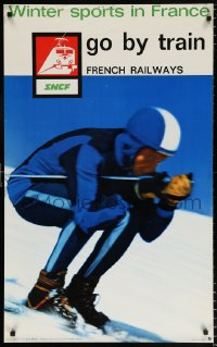 6r075 FRENCH NATIONAL RAILROADS 24x39 French travel poster 1965 Durel art of downhill ski racer!