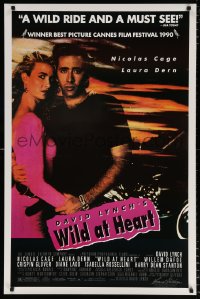 6r982 WILD AT HEART 1sh 1990 David Lynch, sexiest close-up image of Nicolas Cage & Laura Dern!