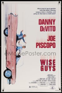 6r984 WISE GUYS 1sh 1986 wacky image of Danny DeVito & Joe Piscopo in pink Cadillac!