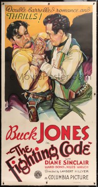 6s018 FIGHTING CODE linen 3sh 1933 art of Buck Jones, double-barrelled romance & thrills, very rare!