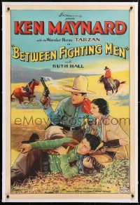 6s058 BETWEEN FIGHTING MEN linen 1sh 1932 great art of cowboy Ken Maynard with smoking gun, Ruth Hall!