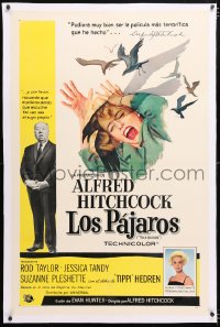 6s062 BIRDS linen Spanish/US 1sh 1963 Alfred Hitchcock shown, Tippi Hedren, art of Tandy attacked!
