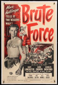 6s068 BRUTE FORCE linen 1sh 1947 Jules Dassin, barechested Burt Lancaster & sexy Yvonne DeCarlo!