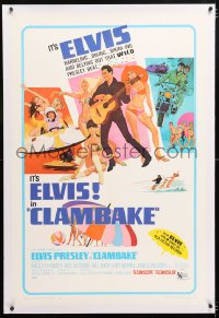 6s088 CLAMBAKE linen 1sh 1967 McGinnis art of Elvis Presley in speed boat w/sexy babes, rock & roll!