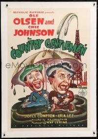 6s097 COUNTRY GENTLEMEN linen 1sh 1936 cartoon art of Ole Olsen & Chic Johnson drilling for oil!