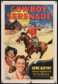 6s098 COWBOY SERENADE linen 1sh 1942 art of cowboy Gene Autry on horse, Smiley Burnette & McKenzie!