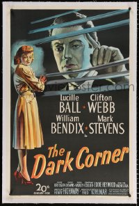 6s105 DARK CORNER linen 1sh 1946 noir art of Mark Stevens peeking at Lucille Ball through blinds!