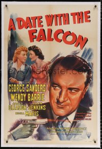 6s106 DATE WITH THE FALCON linen 1sh 1941 art of detective George Sanders & Barrie + shooting gun!