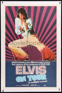 6s127 ELVIS ON TOUR linen int'l 1sh 1972 classic artwork of Elvis Presley singing into microphone!