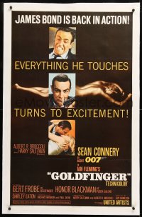 6s153 GOLDFINGER linen 1sh 1964 three great images of Sean Connery as James Bond with glossy finish!