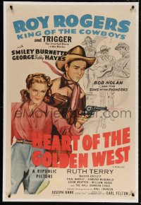 6s166 HEART OF THE GOLDEN WEST linen 1sh R1955 cool art of Roy Rogers by Ruth Terry shooting gun!