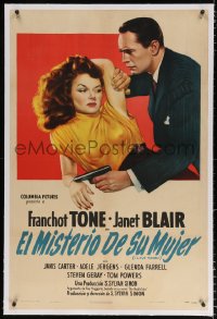 6s176 I LOVE TROUBLE linen Spanish/US 1sh 1947 art of Franchot Tone with gun & sexiest Janet Blair!