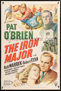 6s186 IRON MAJOR linen 1sh 1943 Pat O'Brien plays football in the military, cool sports art!