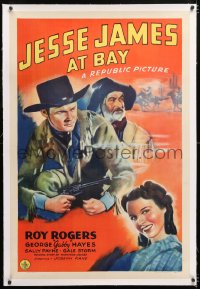 6s193 JESSE JAMES AT BAY linen 1sh 1941 art of Roy Rogers w/ smoking gun, Gabby Hayes & Sally Payne!