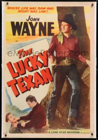 6s195 JOHN WAYNE linen 1sh 1940s full-length image of The Duke with gun, The Lucky Texan!