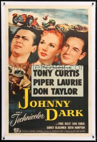 6s196 JOHNNY DARK linen 1sh 1954 Tony Curtis, Piper Laurie, Don Taylor, cool car racing art, rare!