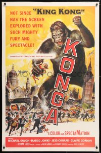 6s208 KONGA linen 1sh 1961 great artwork of giant angry ape terrorizing city by Reynold Brown!